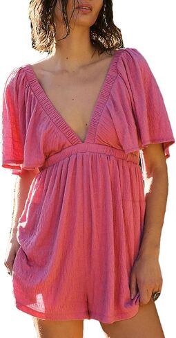 2024 Women Summer V Neck Backless Flutter Sleeve One Piece Outfits Rompers with Elastic High Waist Pockets in Saudi Arabia
