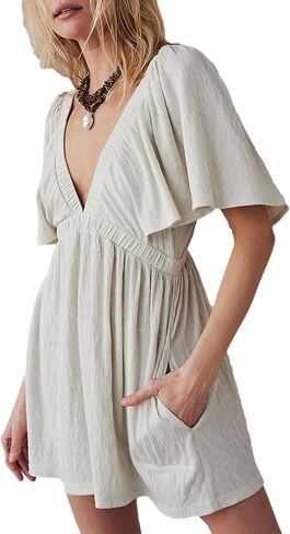 2024 Women Summer V Neck Backless Flutter Sleeve One Piece Outfits Rompers with Elastic High Waist Pockets in Saudi Arabia