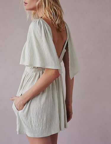 2024 Women Summer V Neck Backless Flutter Sleeve One Piece Outfits Rompers with Elastic High Waist Pockets in Saudi Arabia