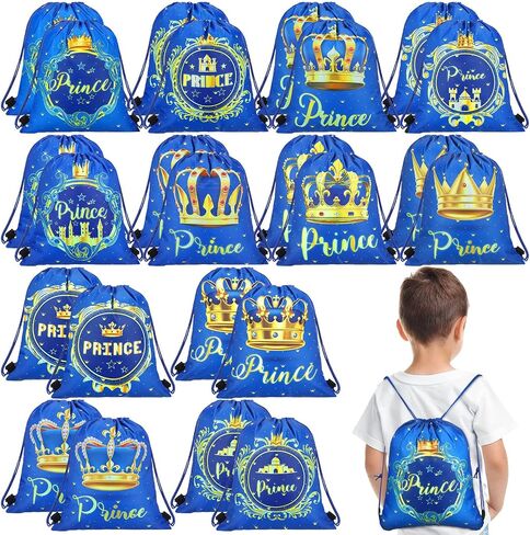 24 Pcs Prince Party Gifts Bags Prince Crown Blue Drawstring Bags Decoration Favor Storage for Boys Kids Birthday Wedding Party Decoration in Saudi Arabia