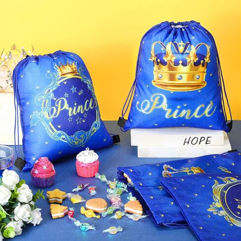 24 Pcs Prince Party Gifts Bags Prince Crown Blue Drawstring Bags Decoration Favor Storage for Boys Kids Birthday Wedding Party Decoration in Saudi Arabia