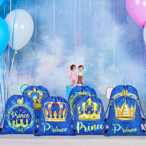24 Pcs Prince Party Gifts Bags Prince Crown Blue Drawstring Bags Decoration Favor Storage for Boys Kids Birthday Wedding Party Decoration in Saudi Arabia