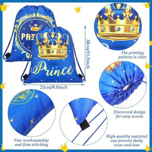 24 Pcs Prince Party Gifts Bags Prince Crown Blue Drawstring Bags Decoration Favor Storage for Boys Kids Birthday Wedding Party Decoration in Saudi Arabia