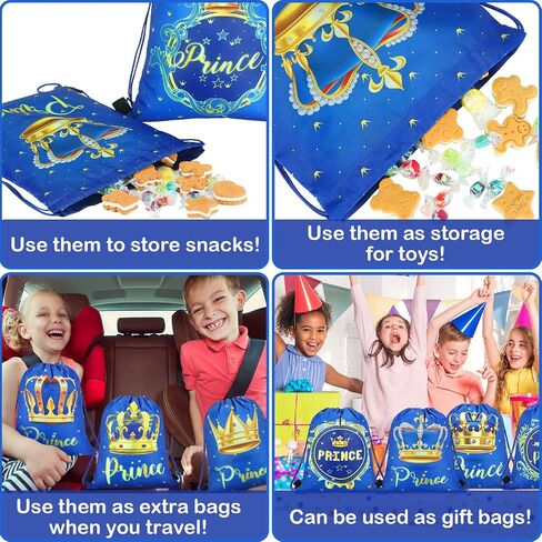 24 Pcs Prince Party Gifts Bags Prince Crown Blue Drawstring Bags Decoration Favor Storage for Boys Kids Birthday Wedding Party Decoration in Saudi Arabia