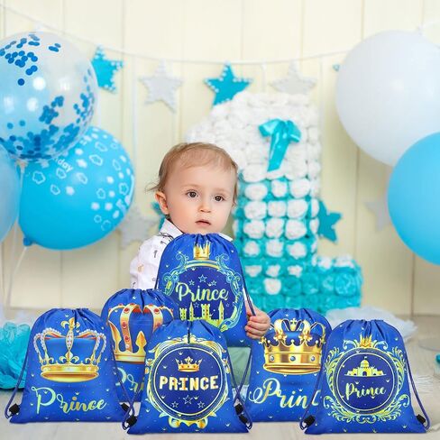 24 Pcs Prince Party Gifts Bags Prince Crown Blue Drawstring Bags Decoration Favor Storage for Boys Kids Birthday Wedding Party Decoration in Saudi Arabia