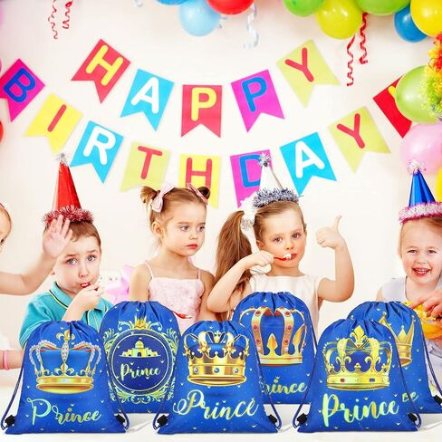 24 Pcs Prince Party Gifts Bags Prince Crown Blue Drawstring Bags Decoration Favor Storage for Boys Kids Birthday Wedding Party Decoration in Saudi Arabia