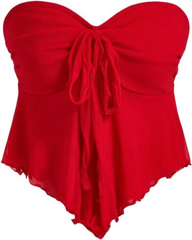 SHENHE Women's Strapless Tie Front Lettuce Trim Asymmetrical Flare Boho Tube Top in Kuwait