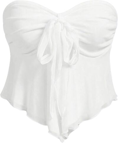 SHENHE Women's Strapless Tie Front Lettuce Trim Asymmetrical Flare Boho Tube Top in Kuwait