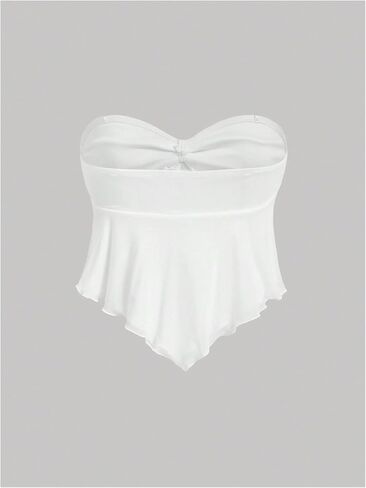 SHENHE Women's Strapless Tie Front Lettuce Trim Asymmetrical Flare Boho Tube Top in Kuwait