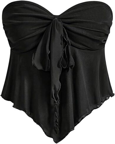 SHENHE Women's Strapless Tie Front Lettuce Trim Asymmetrical Flare Boho Tube Top in Kuwait