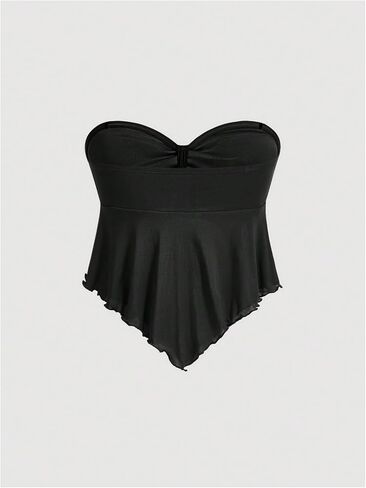 SHENHE Women's Strapless Tie Front Lettuce Trim Asymmetrical Flare Boho Tube Top in Kuwait