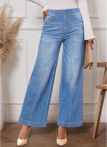Vetinee Wide Leg Womens Jeans High Waisted Trendy Pull On Seamed Front Stretchy Denim Jean Pants Pockets Trouser Jeans in Saudi Arabia