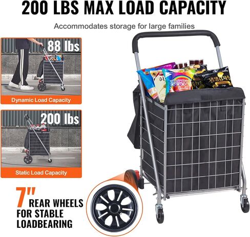 VEVOR Folding Shopping Cart, 66 lbs Max Load Capacity, Grocery Utility Cart with Rolling Swivel Wheels, Heavy Duty Foldable Laundry Basket Trolley Compact Lightweight Collapsible for Luggage, Silver in Saudi Arabia