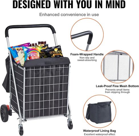 VEVOR Folding Shopping Cart, 66 lbs Max Load Capacity, Grocery Utility Cart with Rolling Swivel Wheels, Heavy Duty Foldable Laundry Basket Trolley Compact Lightweight Collapsible for Luggage, Silver in Saudi Arabia