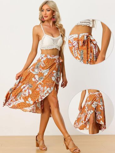Allegra K Floral Skirt for Women's Hawaiian Tropical Beach Boho Wrap Midi Skirt in Saudi Arabia