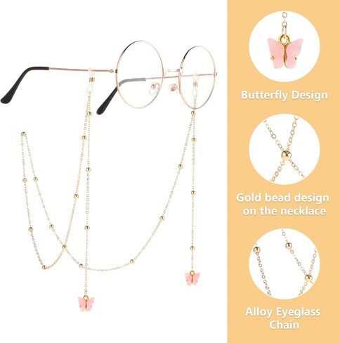 37" Women Eyeglass Chains, Butterfly Gold Bead Glasses Strap Holder Gold Bead Mask Lanyard Cords Eyeglass Necklace in Saudi Arabia