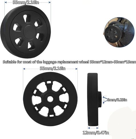 8pcs Luggage Wheels Replacement,Dia 2.16in/55mm Thick 0.47in/12mm Resistant Rubber Mute Caster Replacement Suitcase Wheels with Repair Tool Suitcase Spinner Wheels for Most Luggage (Black) in Saudi Arabia