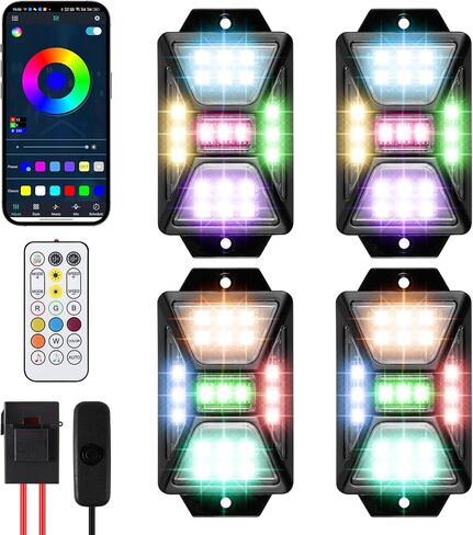 4 قرون أضواء الصخور RGB بخمسة جوانب للشاحنات Jeep UTV SUV ATV، تطبيق متعدد الألوان للمطاردة / التحكم عن بعد أضواء الصخور LED مع وضع الموسيقى، مجموعات خارجية مقاومة للماء للسيارات in Saudi Arabia