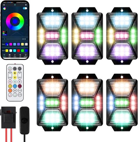 4 قرون أضواء الصخور RGB بخمسة جوانب للشاحنات Jeep UTV SUV ATV، تطبيق متعدد الألوان للمطاردة / التحكم عن بعد أضواء الصخور LED مع وضع الموسيقى، مجموعات خارجية مقاومة للماء للسيارات in Saudi Arabia