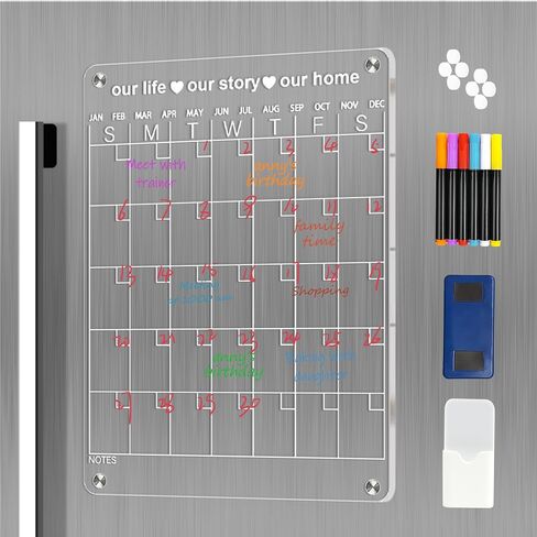 Acrylic Calendar for Fridge, Magnetic Dry Erase Calendar for Fridge with 6 Chalk Markers, Eraser, and Holder, Daily, Weekly, and Monthly Personal Organizer, Large Clear Acrylic Board, 12" x 17" in Saudi Arabia