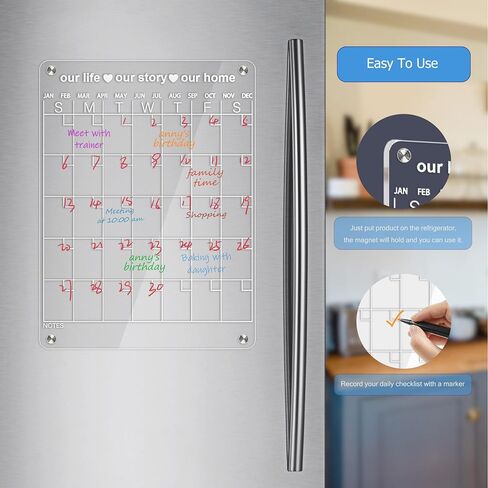 Acrylic Calendar for Fridge, Magnetic Dry Erase Calendar for Fridge with 6 Chalk Markers, Eraser, and Holder, Daily, Weekly, and Monthly Personal Organizer, Large Clear Acrylic Board, 12" x 17" in Saudi Arabia