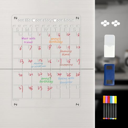Acrylic Calendar for Fridge, Magnetic Dry Erase Calendar for Fridge with 6 Chalk Markers, Eraser, and Holder, Daily, Weekly, and Monthly Personal Organizer, Large Clear Acrylic Board, 12" x 17" in Saudi Arabia