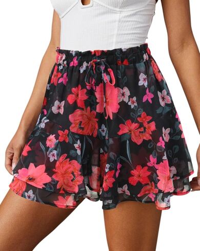 siliteelon Flowy Shorts for Women Casual Boho Floral Skorts Ruffle Mini Skirts Running Tennis Butterfly Shorts Chiffon Shorts in Saudi Arabia