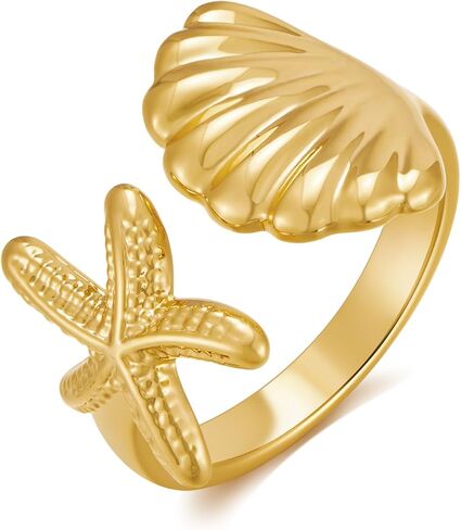 WOWORAMA Gold Conch Shell Starfish Rings for Women Chunky Adjustable Open Rings Gold Ocean Statement Rings Seashell Sea Star Rings Stackable Band Rings Summer Jewelry in Kuwait