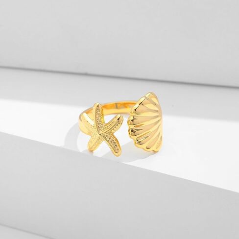 WOWORAMA Gold Conch Shell Starfish Rings for Women Chunky Adjustable Open Rings Gold Ocean Statement Rings Seashell Sea Star Rings Stackable Band Rings Summer Jewelry in Kuwait