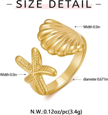 WOWORAMA Gold Conch Shell Starfish Rings for Women Chunky Adjustable Open Rings Gold Ocean Statement Rings Seashell Sea Star Rings Stackable Band Rings Summer Jewelry in Kuwait