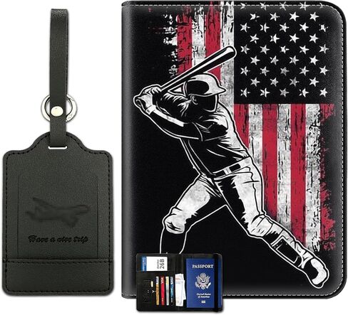 Passport Holder With Luggage Tag Set, Passport Cover With RFID Blocking, Multi-slot Passport Wallet, Waterproof Leather Travel Document Holder for Women Men, USA Baseball Flag Pattern Passport Case in Saudi Arabia