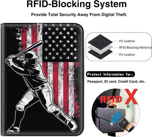 Passport Holder With Luggage Tag Set, Passport Cover With RFID Blocking, Multi-slot Passport Wallet, Waterproof Leather Travel Document Holder for Women Men, USA Baseball Flag Pattern Passport Case in Saudi Arabia
