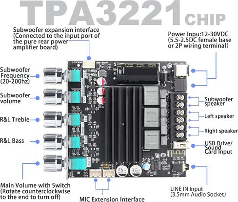 ZK-ST21 TPA3221 Bluetooth Power Amplifier Board with Subwoofer 2.1 Channel 100W×2+200W, 12V-30V Audio Power Amplifier Module with Treble and Bass Control in Saudi Arabia