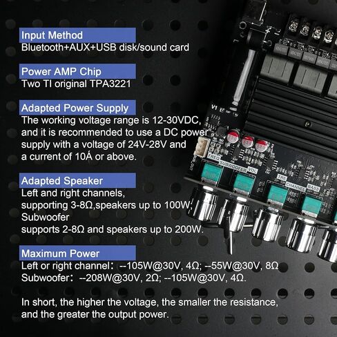 ZK-ST21 TPA3221 Bluetooth Power Amplifier Board with Subwoofer 2.1 Channel 100W×2+200W, 12V-30V Audio Power Amplifier Module with Treble and Bass Control in Saudi Arabia