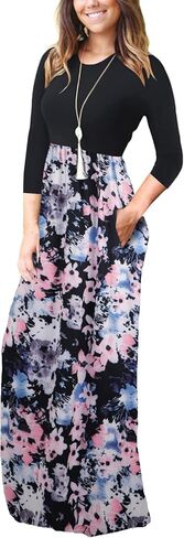 Supnier Women's 3/4 Sleeve Maxi Dresses Casual Floral Print Long Dress with Pockets in Saudi Arabia