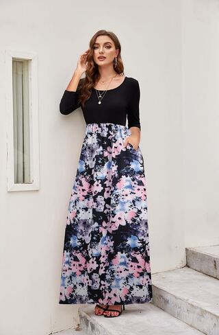 Supnier Women's 3/4 Sleeve Maxi Dresses Casual Floral Print Long Dress with Pockets in Saudi Arabia