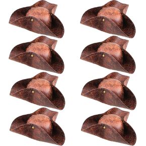 8 Pack Faux Leather Pirate Hat Brown Distressed Tricorn Hat for Women Men Halloween Pirate Theme Party Costume Accessories