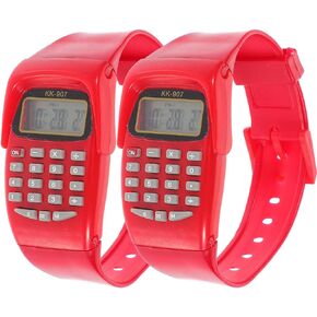 Calculator Watch, 2 Pcs Calculator Digital Watch Geometric Calculations Watch Multifunction Calculating Watch Calculator Wrist Watch for Men Women, Red