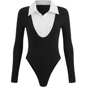 MakeMeChic Women's 2 in 1 Colorblock Collared Long Sleeve Button Front Knitted Leotard Bodysuit Tops