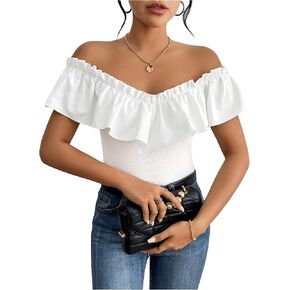 SHENHE Women's Off Shoulder Ruffle Trim Rib Knit Bodysuit Slim Fit Sleeveless Leotard Top in Saudi Arabia