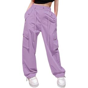 Cromoncent Girls Casual High Waist Parachute Pants Y2K Cargo Trousers with Pockets for Girls, 1#purple, 9-10 Years = Tag 150