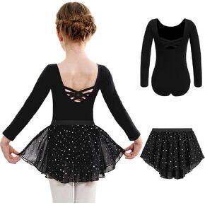 Arshiner Girls Ballet Leotards with Chiffon Dance Skirt Long Sleeve Crisscross Back Toddler Dance Outfit Combo