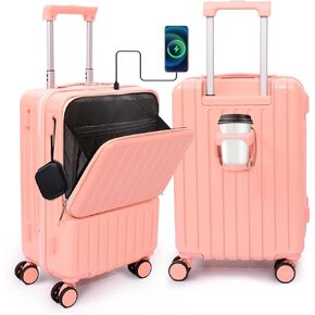 Front Pocket Luggage, Carry-on Luggage with Spinner Wheels, Suitcase with Cup Holder, USB Port (Yellow, Carry-On 20-Inch)