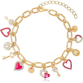 Cute Gold Heart Charm Bracelets for Women CZ Love Heart Lock Key Lucky Clover Charm Gold Chain Link Bracelet Dangle Crystal Pendant Adjustable Party Trendy Y2K Jewelry Gift for Teen