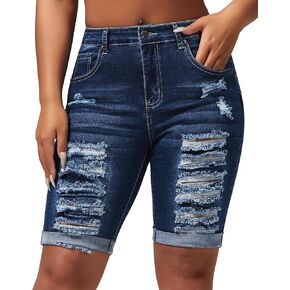 roswear Women's Mid Rise Ripped Stretchy Bermuda Shorts Curvy Folded Hem Long Jean Shorts
