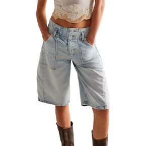 Women's Summer Jean Shorts Casual Barrel Bermuda Shorts Knee Length Loose Fit Baggy Denim Shorts
