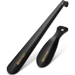 Metal Shoe Horn Long Handle 2Pcs, 16.5 inch Shoehorn Long Handled for Seniors Men - 7.5 inch Stainless Steel Small Shoe horns with Hook for Kid Women (Black)