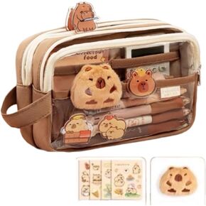 Pencil Pouch Large Capacity Multi-Layer Transparent Pencil Pouch - Waterproof, Zippered, Bonus Doll & Stickers, YS2401