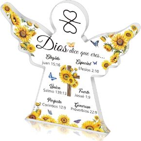 Yopyame Spanish Christian Acrylic Gift - Religious Inspirational Gift for Woman, Christian Prayer Bible Verse Table Decor Signs, Faith Keepsake Paperweight for Christmas Holiday Home Decor (Sunflower)