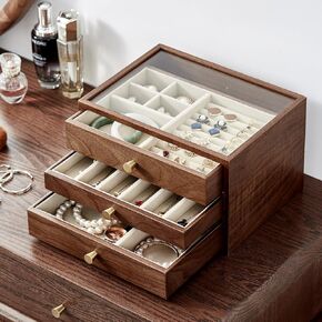 Homruilink Black Walnut Wooden Jewelry Box for Women Classical Solid Wooden 4-Layer Jewelry Organizer with Glass Lid and Pull-out Necklace Storage Layer Watch Necklace Ring Earring Storage Gift